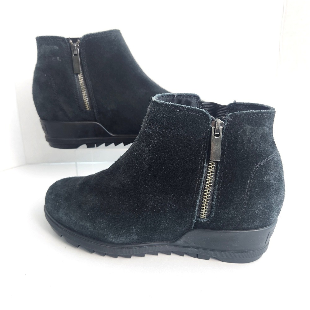 Sorel Evie Zip Black Suede Wedge Ankle Boots LL4726-010 Womens 8